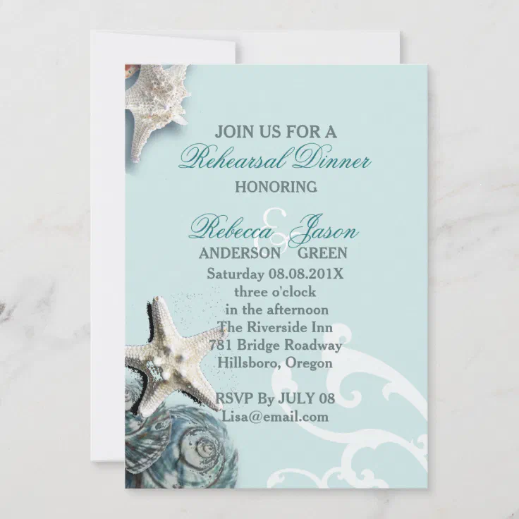 Blue Seashells Beach Wedding Rehearsal Dinner Invitation Zazzle