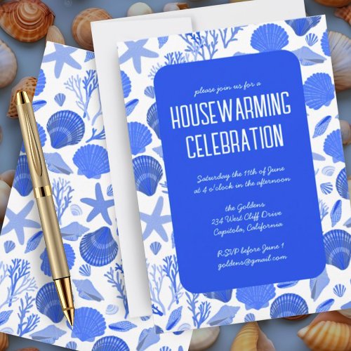 Blue Seashells Chic Beach Housewarming Party Invitation