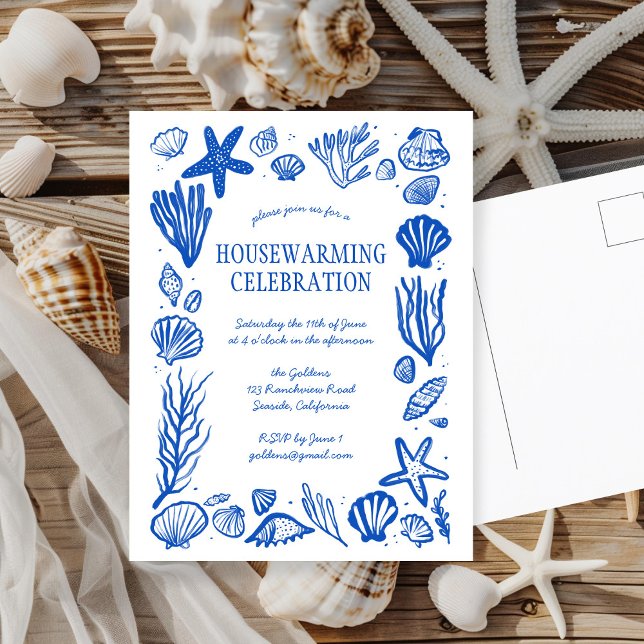 Blue Seashells Custom HOUSEWARMING PARTY Invite (Blue Seashells Custom HOUSEWARMING PARTY New Home New Apartment Postcard Beach Blue White Chic
)