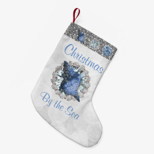 Blue Seashells Jewel Silver Bokeh & Faux Glitter Small Christmas Stocking