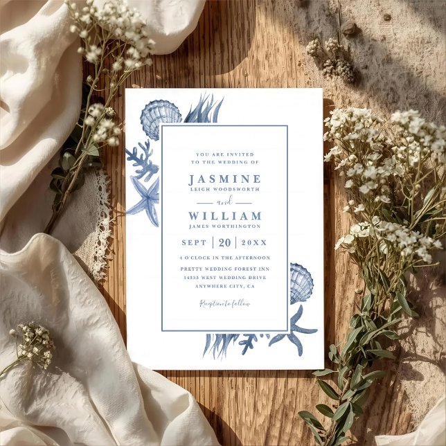 Blue Seashells Marine Ocean Beach QR Code Wedding Invitation (Creator Uploaded)