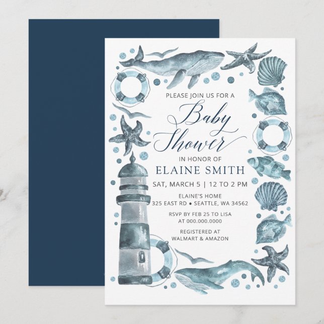 Blue Seashells Ocean Sea Beach Baby Shower Invitation (Front/Back)