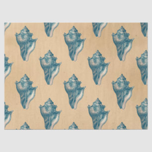 Blue Seashells on Tan Decoupage Tissue Paper
