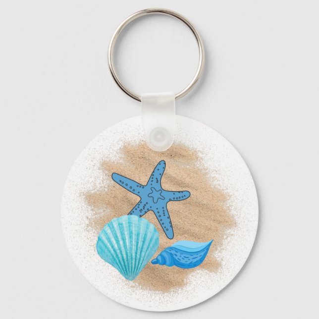 Blue Seashells on the Beach Tote Bag Keychain (Front)