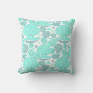 Blue Seashells Oyster Shells and Pearls Pattern Throw Pillow
