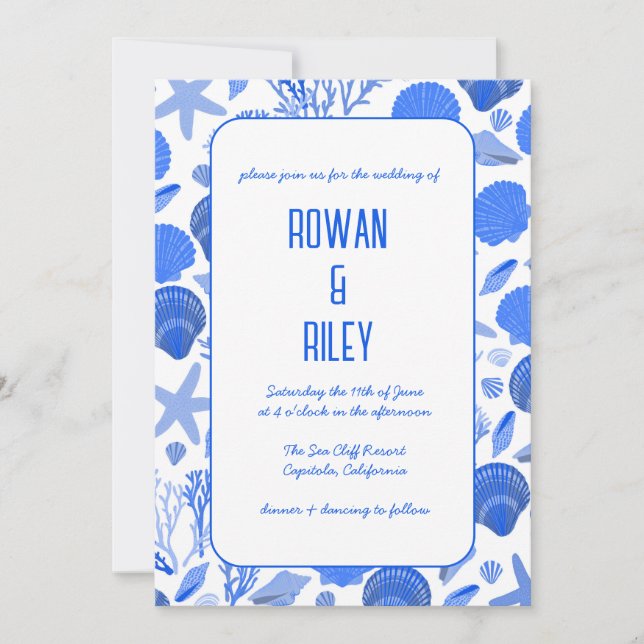 Blue Seashells Pattern Chic Beach Wedding Party  Invitation (Front)
