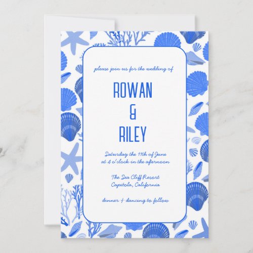 Blue Seashells Pattern Chic Beach Wedding Party  Invitation