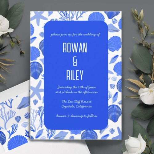 Blue Seashells Pattern Chic Beach Wedding Party  Invitation