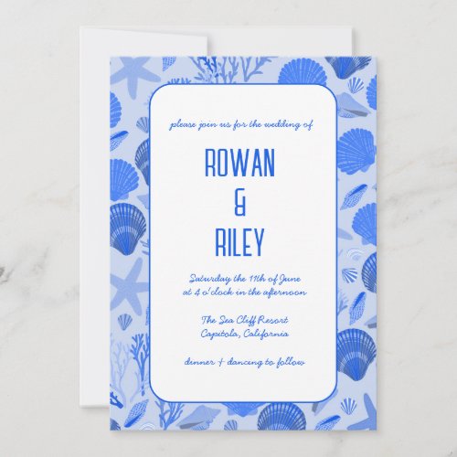 Blue Seashells Pattern Chic Beach Wedding Party  Invitation