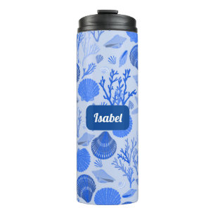 Blue Seashells Pattern CUSTOM Bridesmaid Gift Thermal Tumbler