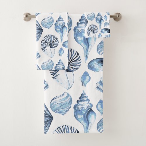 Blue Seashells Pattern on White Bath Towel Set