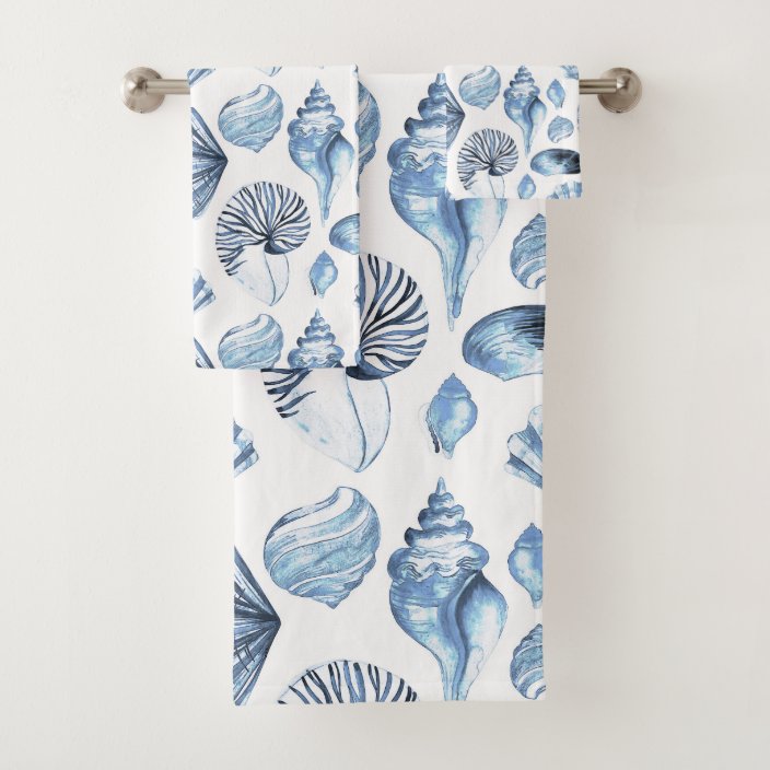 Blue Seashells Pattern On White Bath Towel Set Zazzle