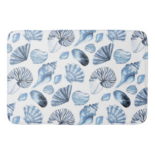 Blue Seashells Pattern on White Beach House Bathroom Mat
