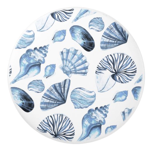 Blue Seashells Pattern on White Beach House Ceramic Knob