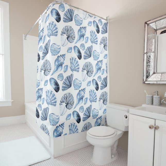 Blue Seashells Pattern on White Beach House Shower Curtain (In Situ)