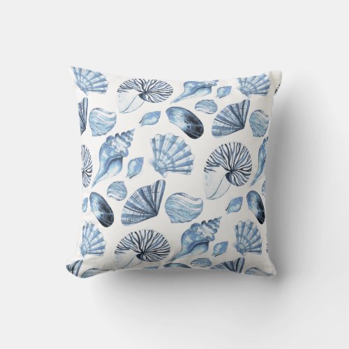 Blue Seashells Pattern on White Beach House Throw Pillow