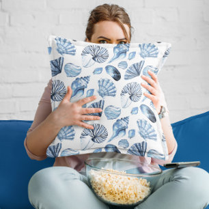 Blue Seashells Pattern on White Beach House Throw Pillow