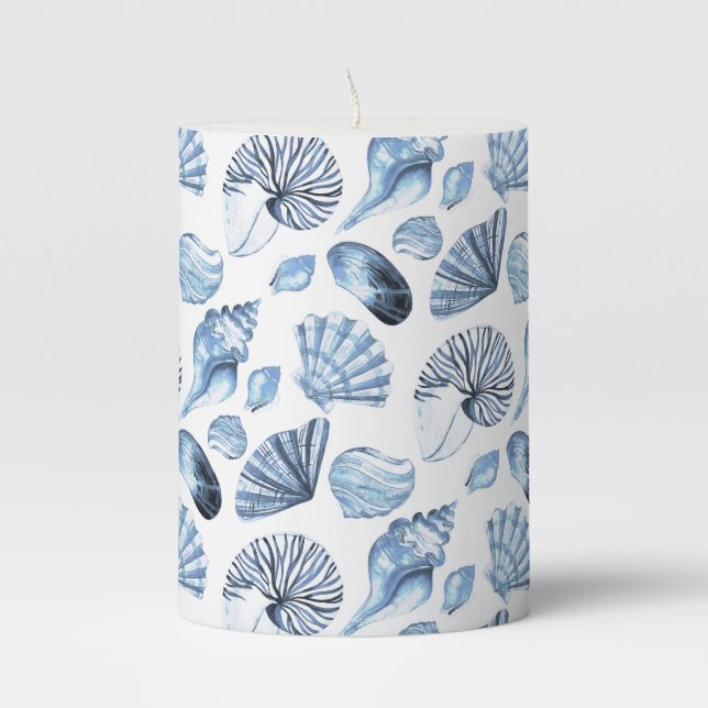 Blue Seashells Pattern on White Pillar Candle (Front)