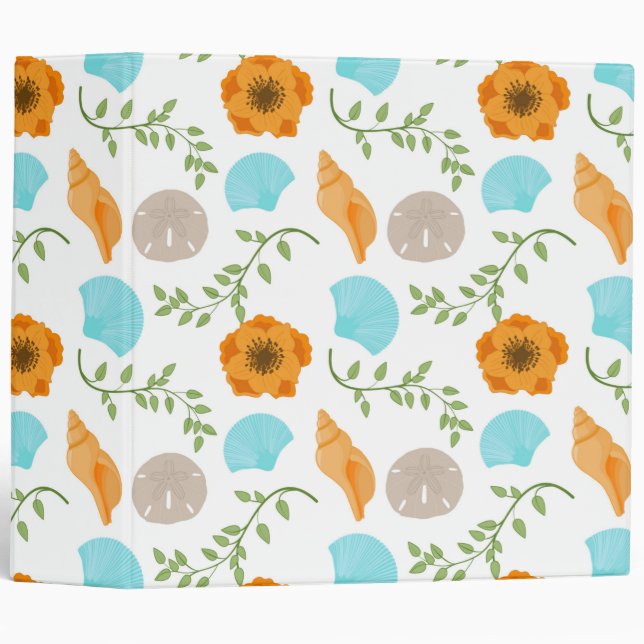 Blue Seashells Sea Snail Orange Flower 3 Ring Binder (Front/Spine)