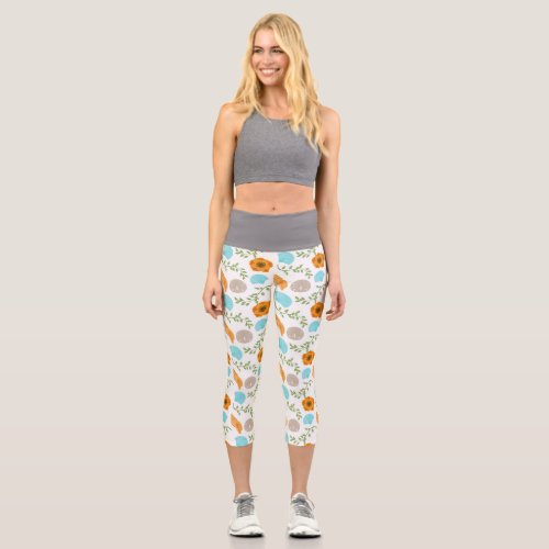 Blue Seashells Sea Snail Orange Flower Capri Leggings