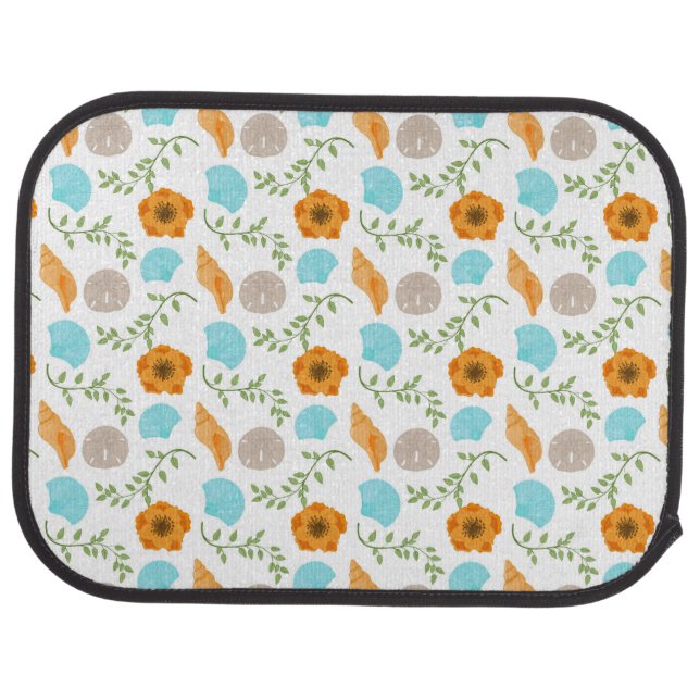 Blue Seashells Sea Snail Orange Flower Car Floor Mat (Rear)