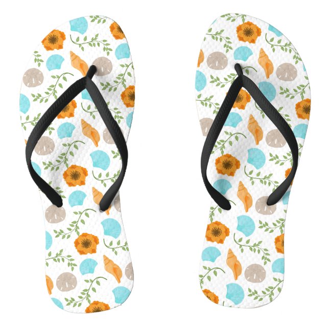 Blue Seashells Sea Snail Orange Flower Flip Flops (Footbed)
