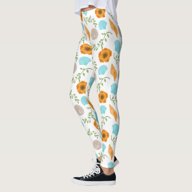 Blue Seashells Sea Snail Orange Flower Leggings (Left)