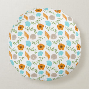 Blue Seashells Sea Snail Orange Flower Round Pillow