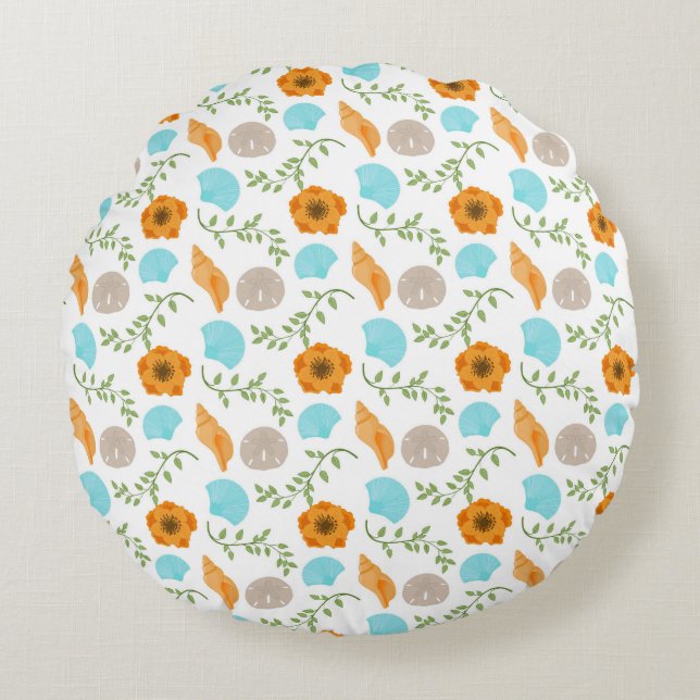 Blue Seashells Sea Snail Orange Flower Round Pillow (Front)