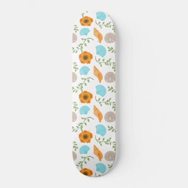 Blue Seashells Sea Snail Orange Flower Skateboard (Front)