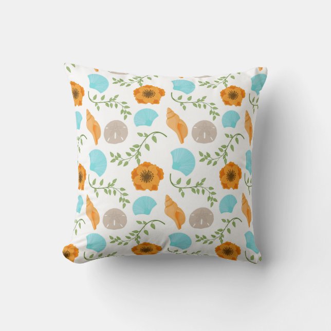 Blue Seashells Sea Snail Orange Flower Throw Pillow (Front)
