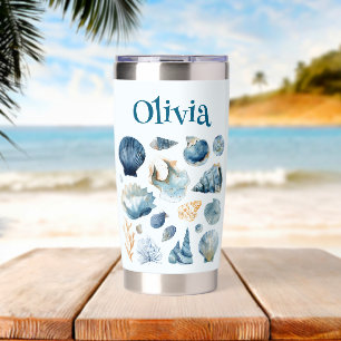 Blue Seashells Water Bottle   Custom Name Insulated Tumbler