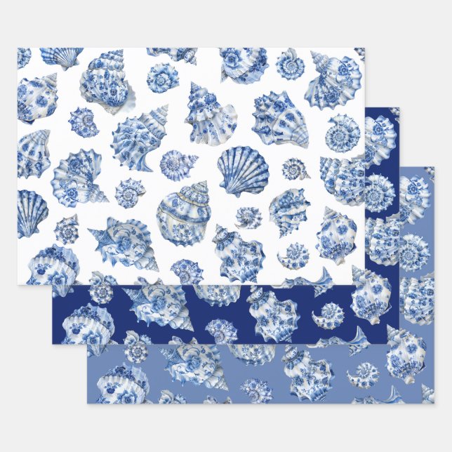 Blue seashells wrapping paper sheets (Set)