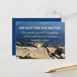 Blue Seashore God Bless New Year 2026 Bible Verse Postcard