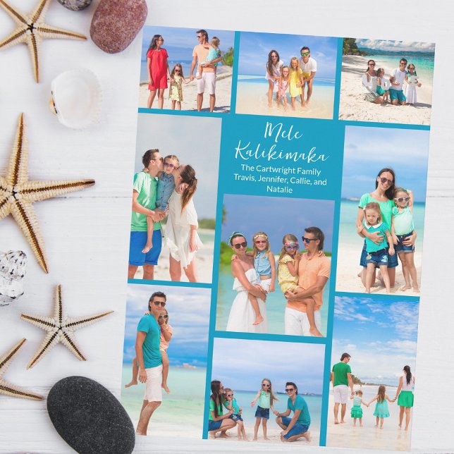 Blue Seaside Family Photo Collage Beach Christmas Holiday Card (Creator Uploaded)