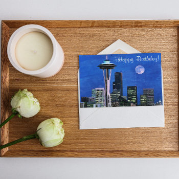 Blue Seattle Skyline Happy Birthday Card by stineshop at Zazzle