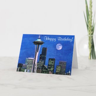 Blue Seattle Skyline Happy Birthday Card