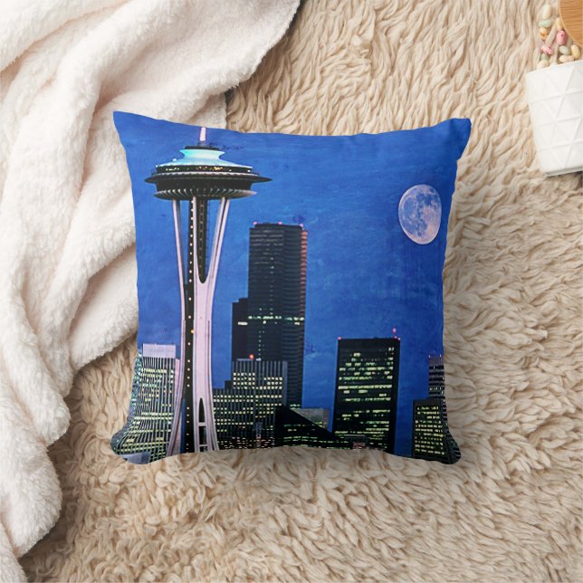 Blue Seattle Skyline Shower Curtain Throw Pillow (Blanket)