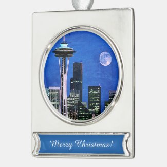 Blue Seattle Skyline Silver Plated Banner Ornament