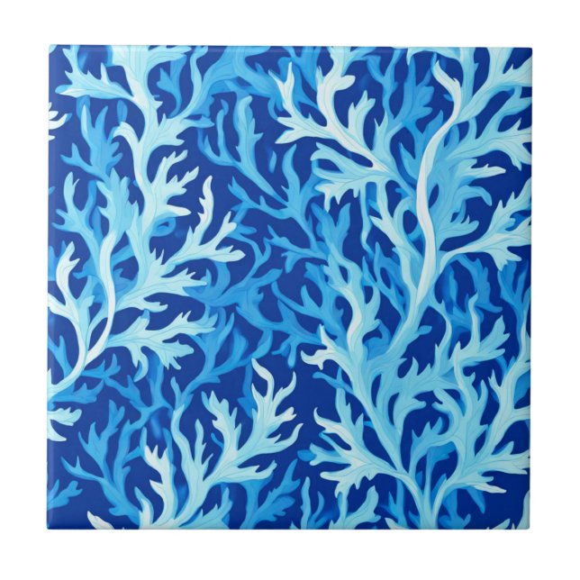 Blue Seaweed Coastal Textile Pattern Ceramic Tile (Front)