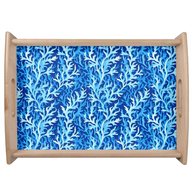 Blue Seaweed Coastal Textile Pattern Serving Tray (Front)