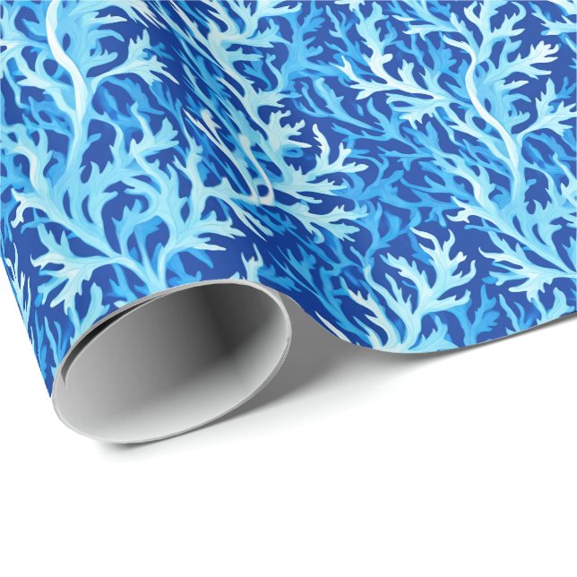 Blue Seaweed Coastal Textile Pattern Wrapping Paper (Roll Corner)