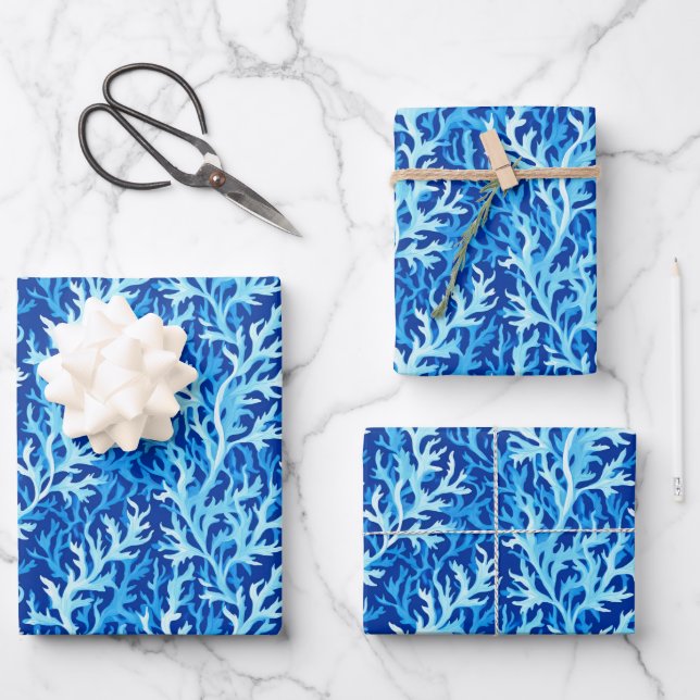 Blue Seaweed Coastal Textile Pattern Wrapping Paper Sheets (Front)