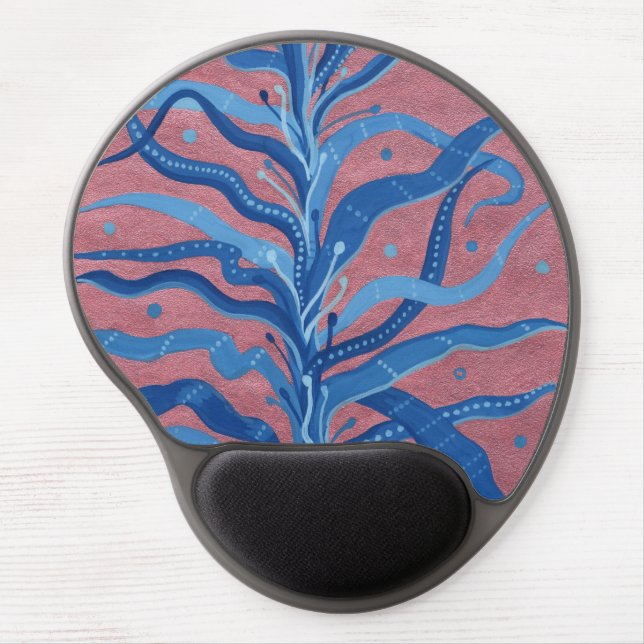 Blue Seaweed Rose Taupe Underwater Absract Floral Gel Mouse Pad (Front)