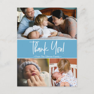 Blue second baby birth photo collage announcement postcard