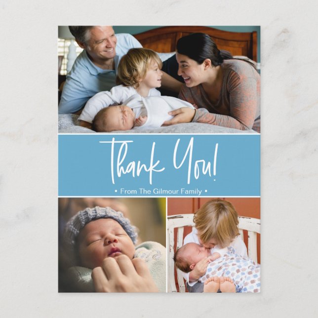 Blue second baby birth photo collage announcement postcard (Front)