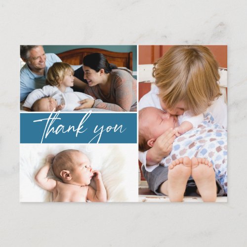 Blue Second baby Multi photo Thank You  Announcement Postcard