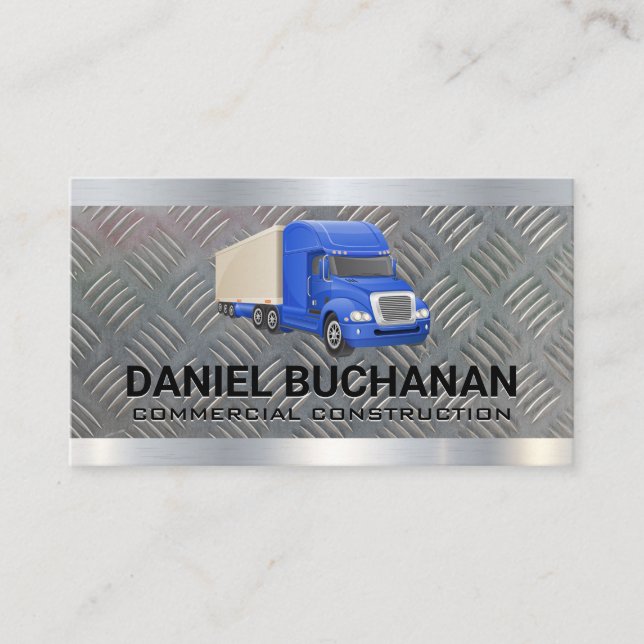 Blue Semi Truck | Metallic Steel | Logistics Business Card (Front)