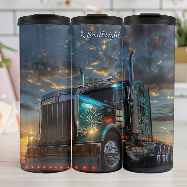 Blue Semi Truck Sunset Scrollwork Thermal Tumbler (Creator Uploaded)
