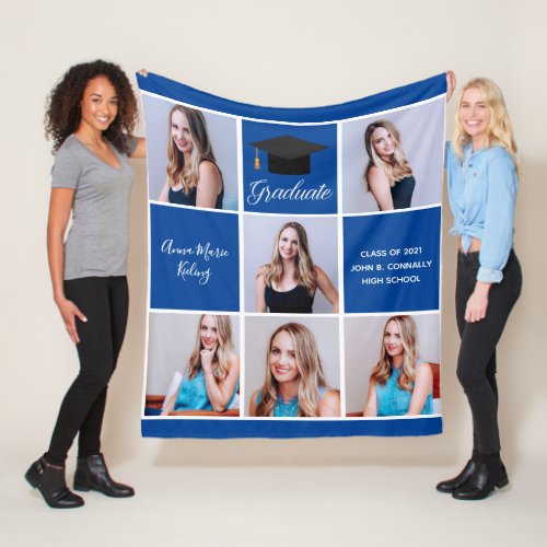 Blue Senior Photo Collage Custom Graduation 2024 Fleece Blanket